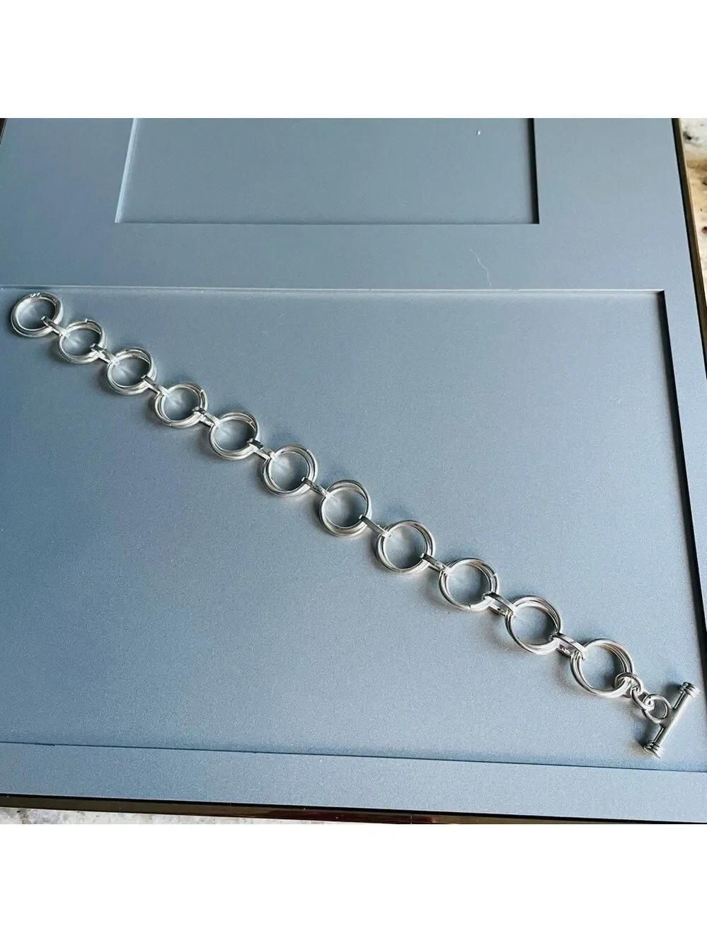 Vintage Rolo Link Double Circles Modernist Toggle Sterling Silver Bracel…